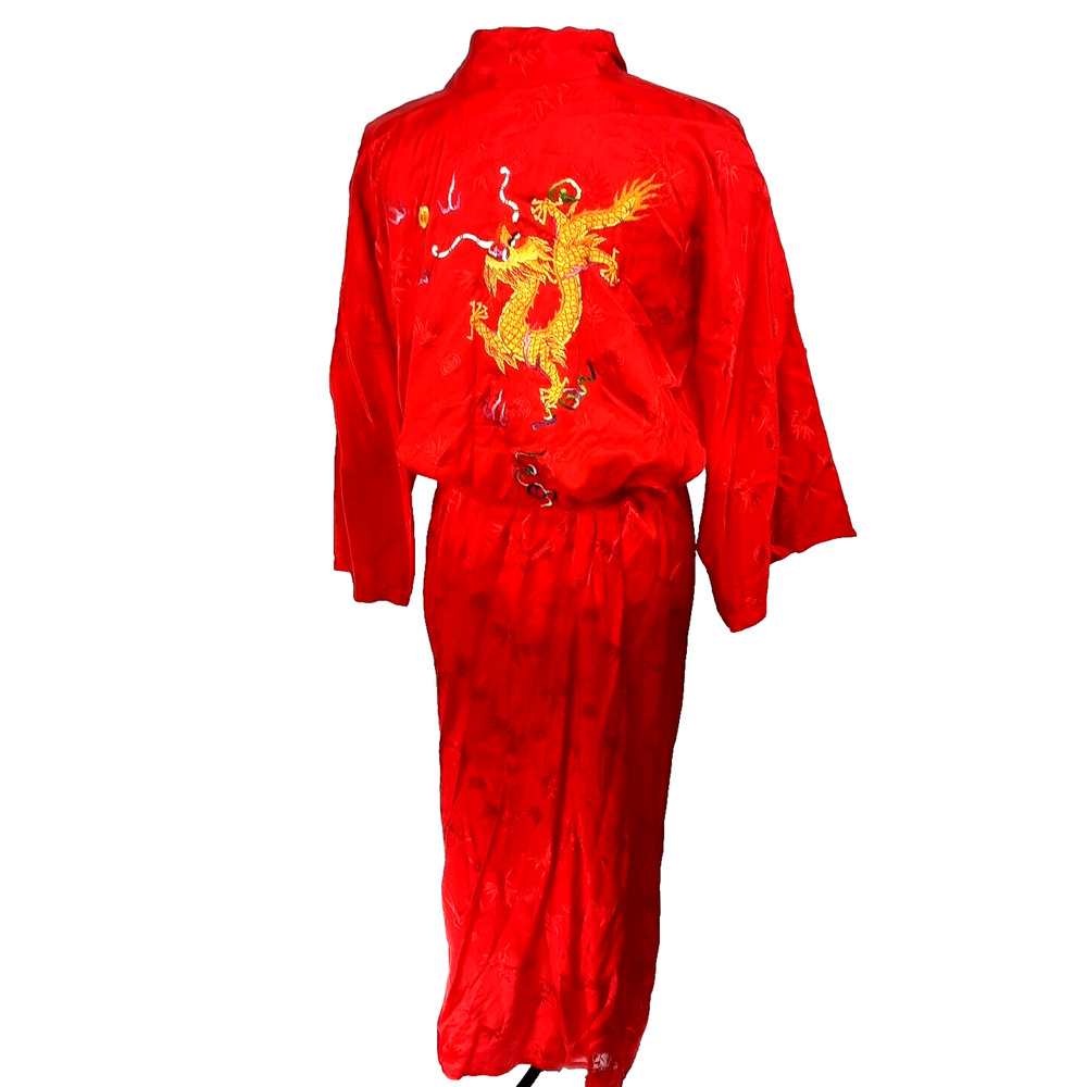 Vintage Golden Bee Silk Asian Embroidered Dragon Kimono Robe Medium Red Gold
